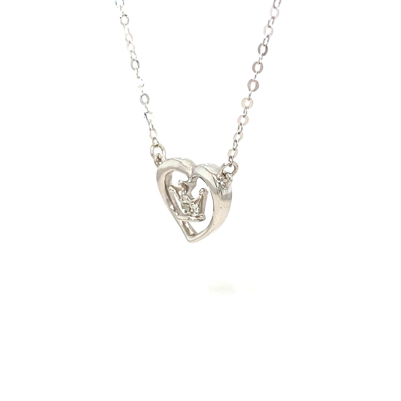 18K White Gold Crown On Heart Diamond Necklace