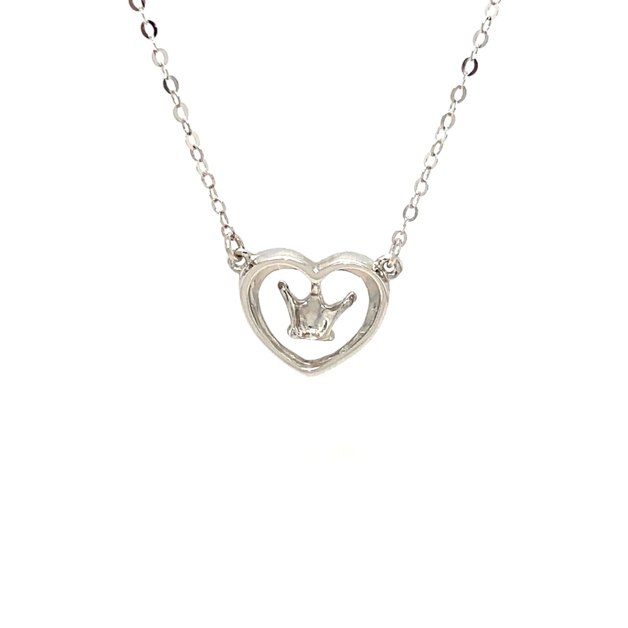 18K White Gold Crown On Heart Diamond Necklace