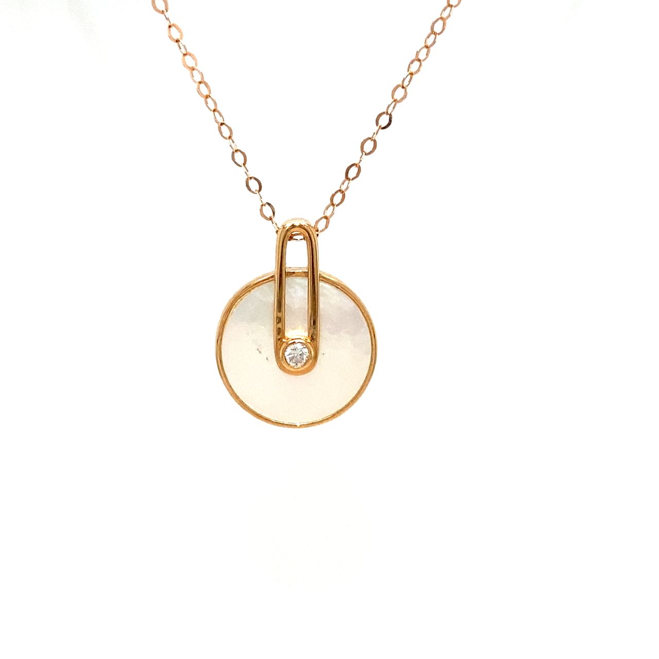 18K Rose Gold Pin Round Mother of Pearl Diamond Necklace