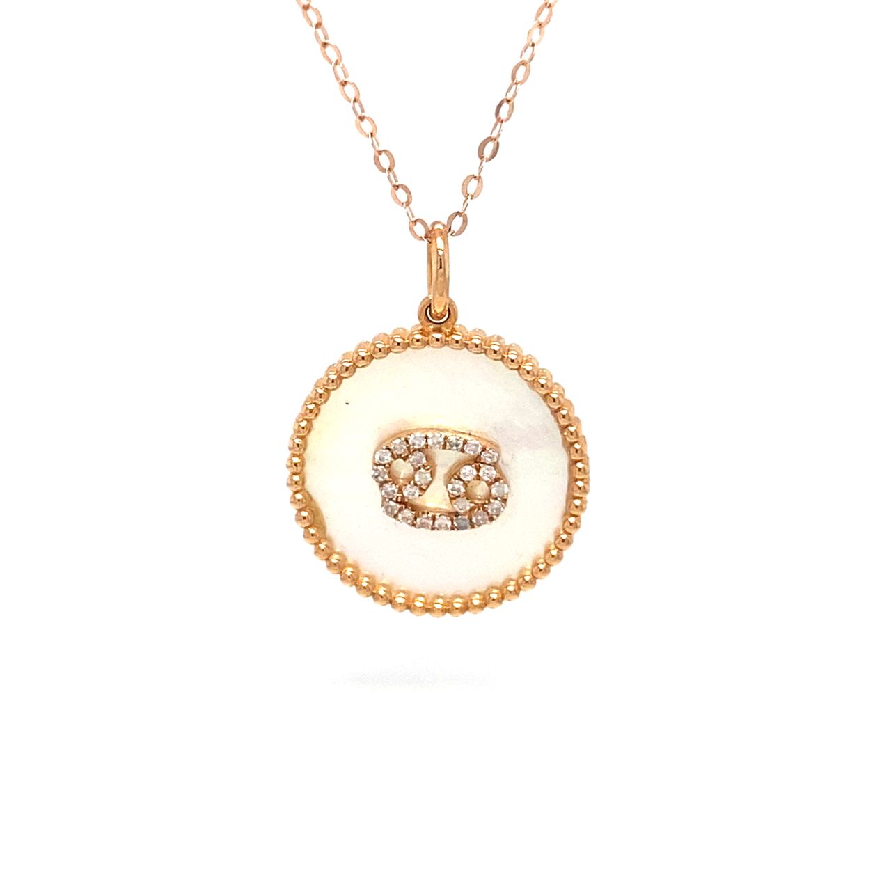 18K Rose Gold Cancer Zodiac Mother Of Pearl Diamond Necklace