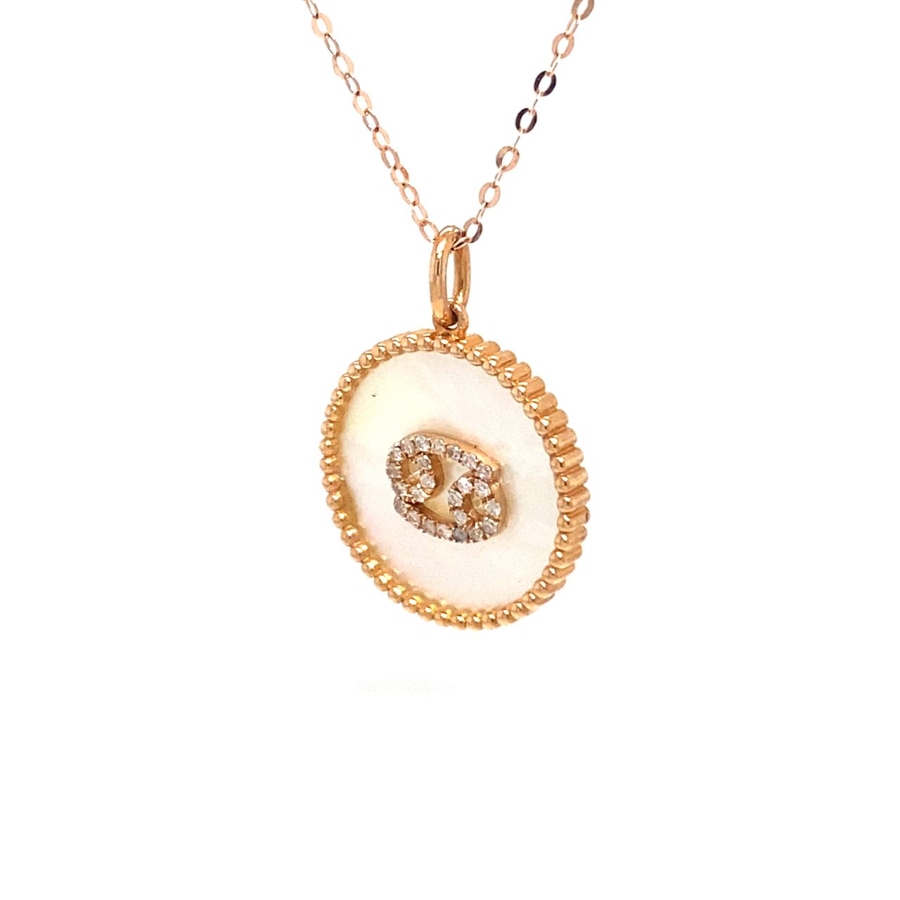 18K Rose Gold Cancer Zodiac Mother Of Pearl Diamond Necklace