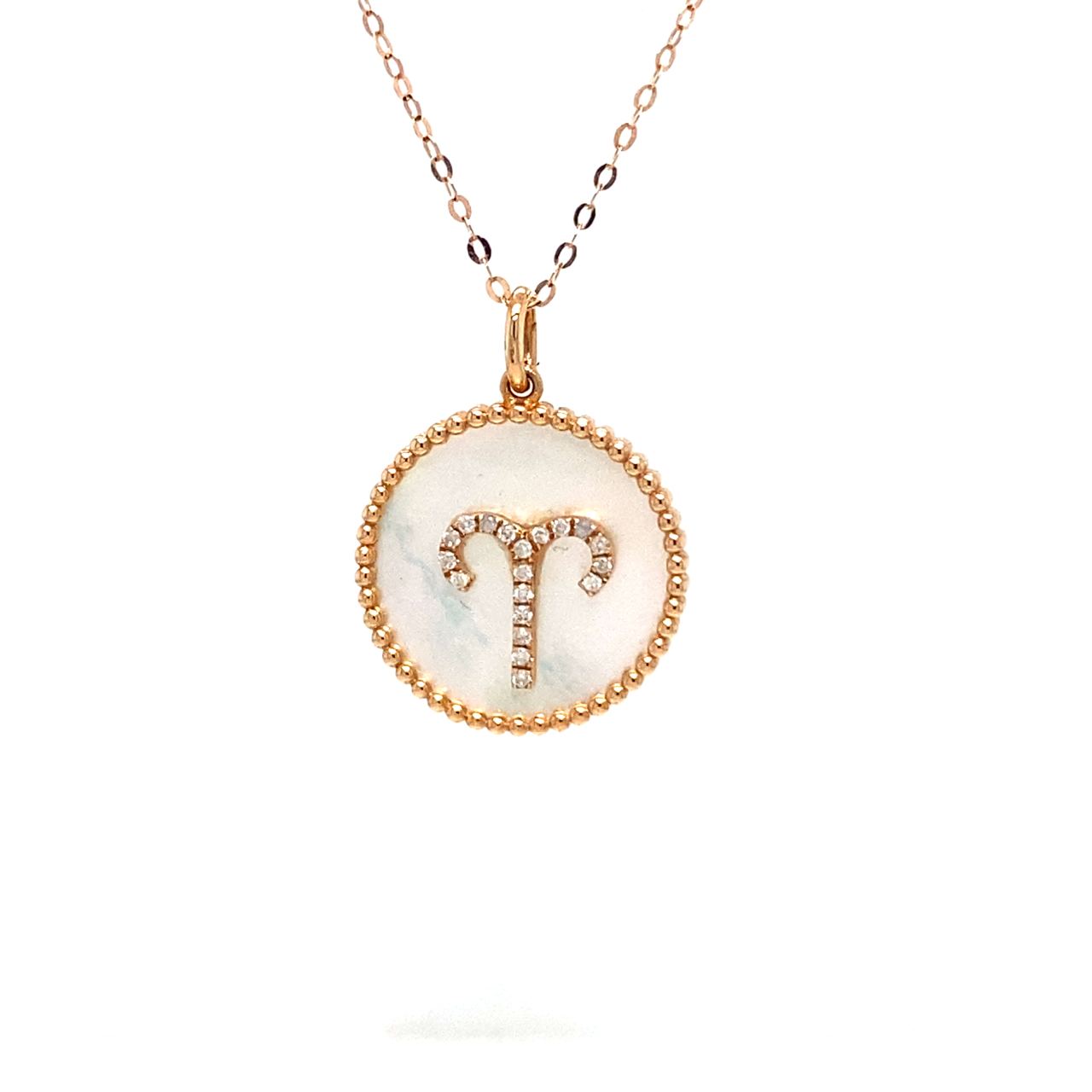 18K Rose Gold Aries Zodiac Mother Of Pearl Diamond Necklace