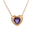 18K Rose Gold Milgrain Sweet Heart Purple Sapphire Diamond Halo Necklace
