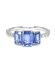 18K White Gold Trilogy Blue Emerald Sapphire Diamond Ring