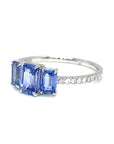 18K White Gold Trilogy Blue Emerald Sapphire Diamond Ring