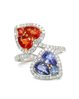 18K White Gold Joker Red & Blue Sapphire Pie Cut Heart Diamond Wrap Ring
