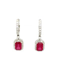 18K White Gold Emerald Shape Ruby Halo Victorian Halo Drop Diamond Earrings