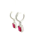 18K White Gold Emerald Shape Ruby Halo Victorian Halo Drop Diamond Earrings