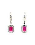 18K White Gold Emerald Shape Ruby Halo Victorian Halo Drop Diamond Earrings