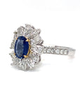 18K White Gold Flower Halo Blue SAP OV Diamond Ring