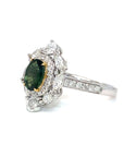 18K White Gold Green Oval Sapphire Diamond Ring