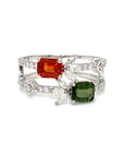 18K White Gold Double Deck Layer Emerald Shape Sapphire Leave Diamond Ring