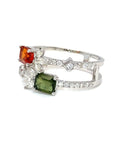 18K White Gold Double Deck Layer Emerald Shape Sapphire Leave Diamond Ring