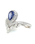 18K White Gold Blue Sapphire Tiara Sharp Diamond Ring