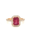 18K Rose Gold Simple Em Shape Ruby Pave Halo Shoulder Diamond Ring