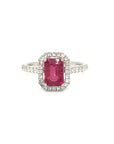 18K White Gold Simple Em Shape Ruby Pave Halo Shoulder Diamond Ring