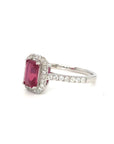18K White Gold Simple Em Shape Ruby Pave Halo Shoulder Diamond Ring