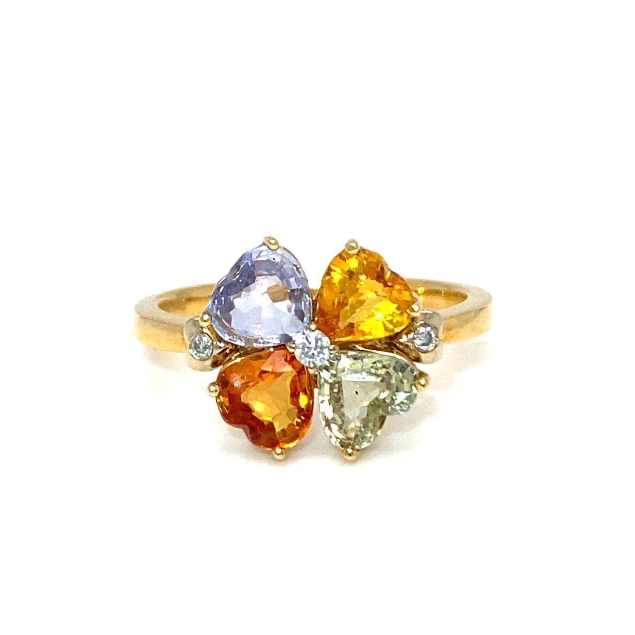 18K Yellow Gold Heart Shape Sapphire Diamond Flower Diamond Ring