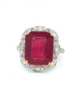18K White Gold Bubble Shoulder Ruby Em Shape Diamond RIng