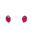 18K White Gold Oval Small Ruby Studs Lower Diamond Earrings