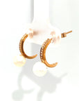 18K Rose Gold Simple Hoop Diamond Pearl Earrings
