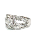 18K White Gold Triple Pave Shoulder Heart Cluster Top Diamond Ring