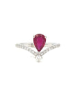 18K White Gold Pear Shape Ruby V Line Pave Diamond Ring