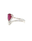18K White Gold Pear Shape Ruby V Line Pave Diamond Ring