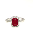 18K White Gold Simple Halo Emerld Shape Ruby Diamond Ring