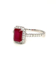 18K White Gold Simple Halo Emerld Shape Ruby Diamond Ring