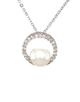 18K White Gold Diamond Circle Halo Pearl Necklace