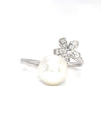 18K White Gold Wrap Flower Pearl Diamond Ring