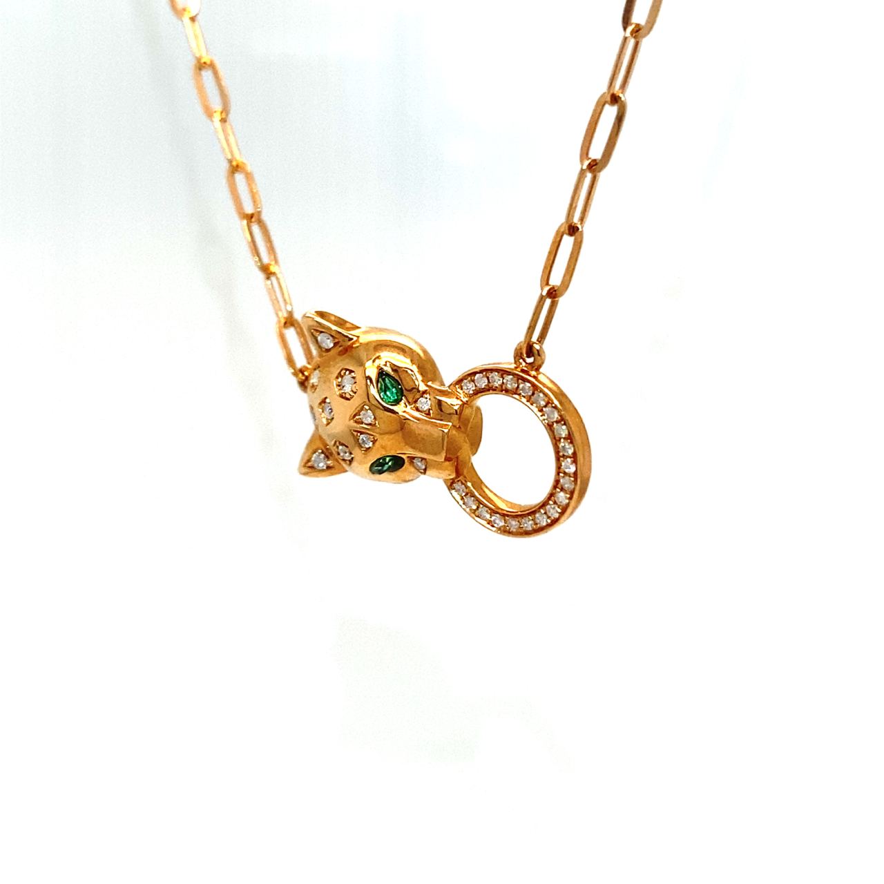 18K Rose Gold Circle Leopard Head Diamond Necklace