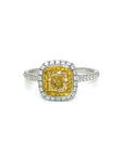 18K White Gold Double Small  Halo Cushion Fancy Yellow Diamond Ring