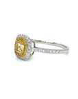 18K White Gold Double Small  Halo Cushion Fancy Yellow Diamond Ring