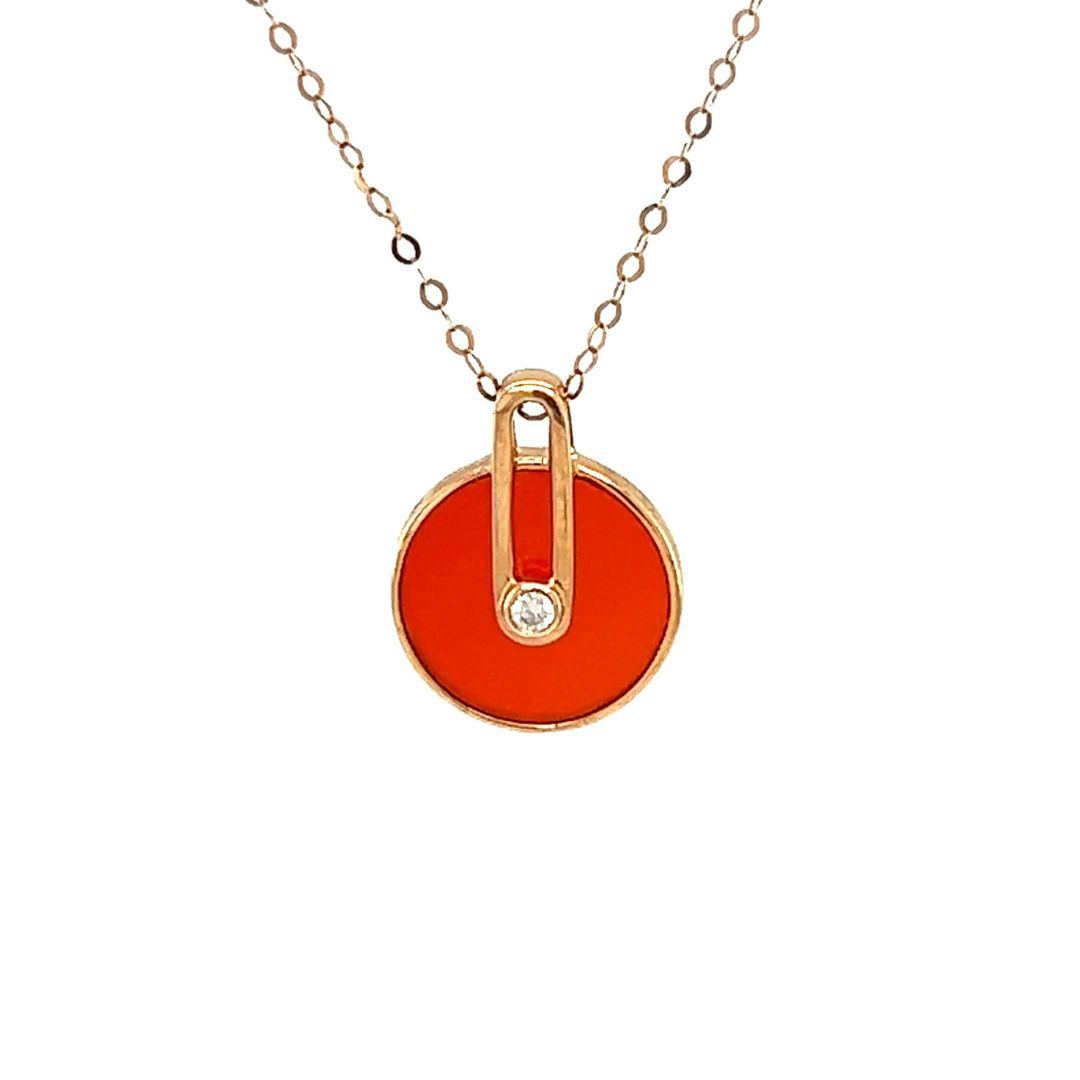 18K Rose Gold Pin Round Agate Diamond Necklace
