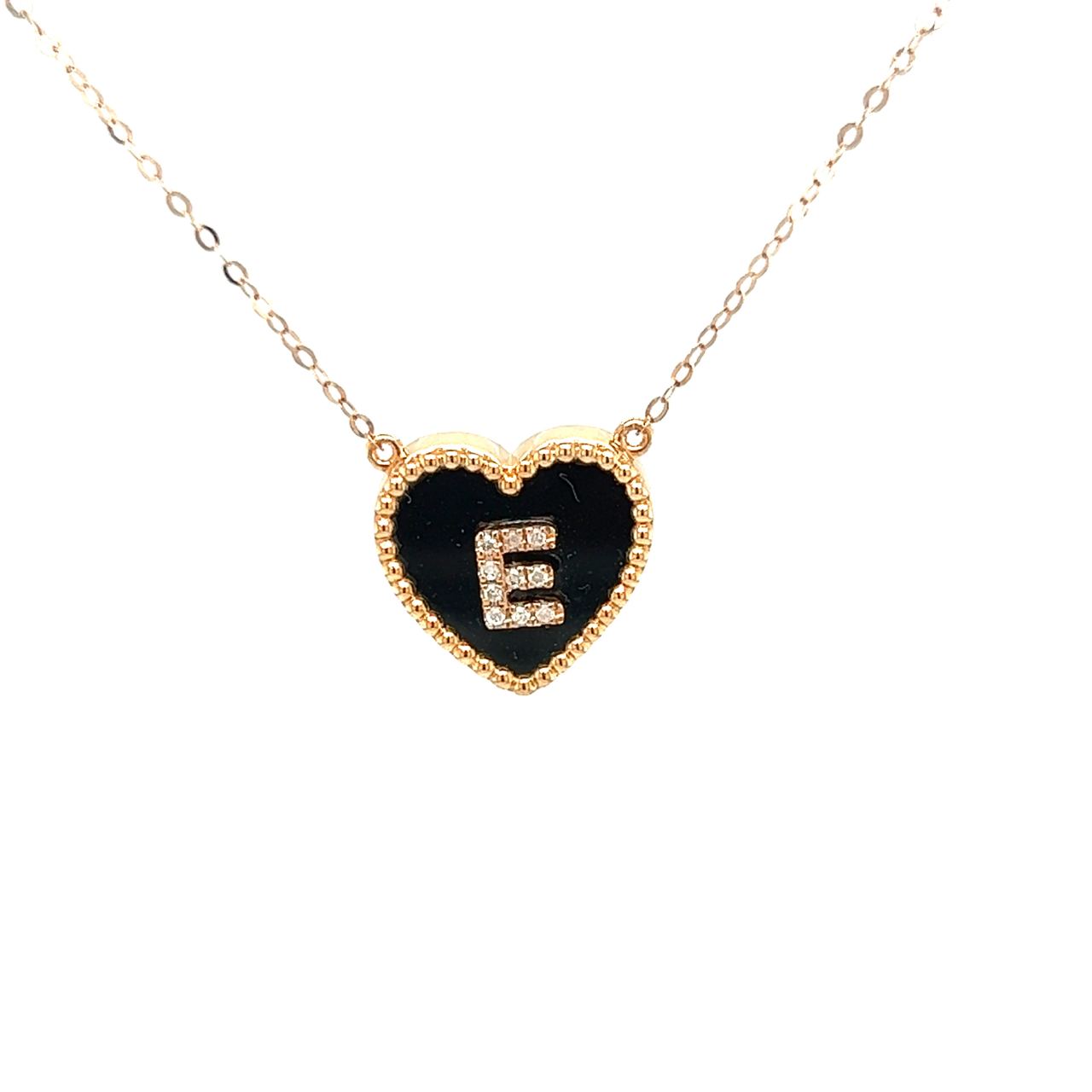18K Rose Gold Heart Onyx Base Alphabet E Diamond Necklace