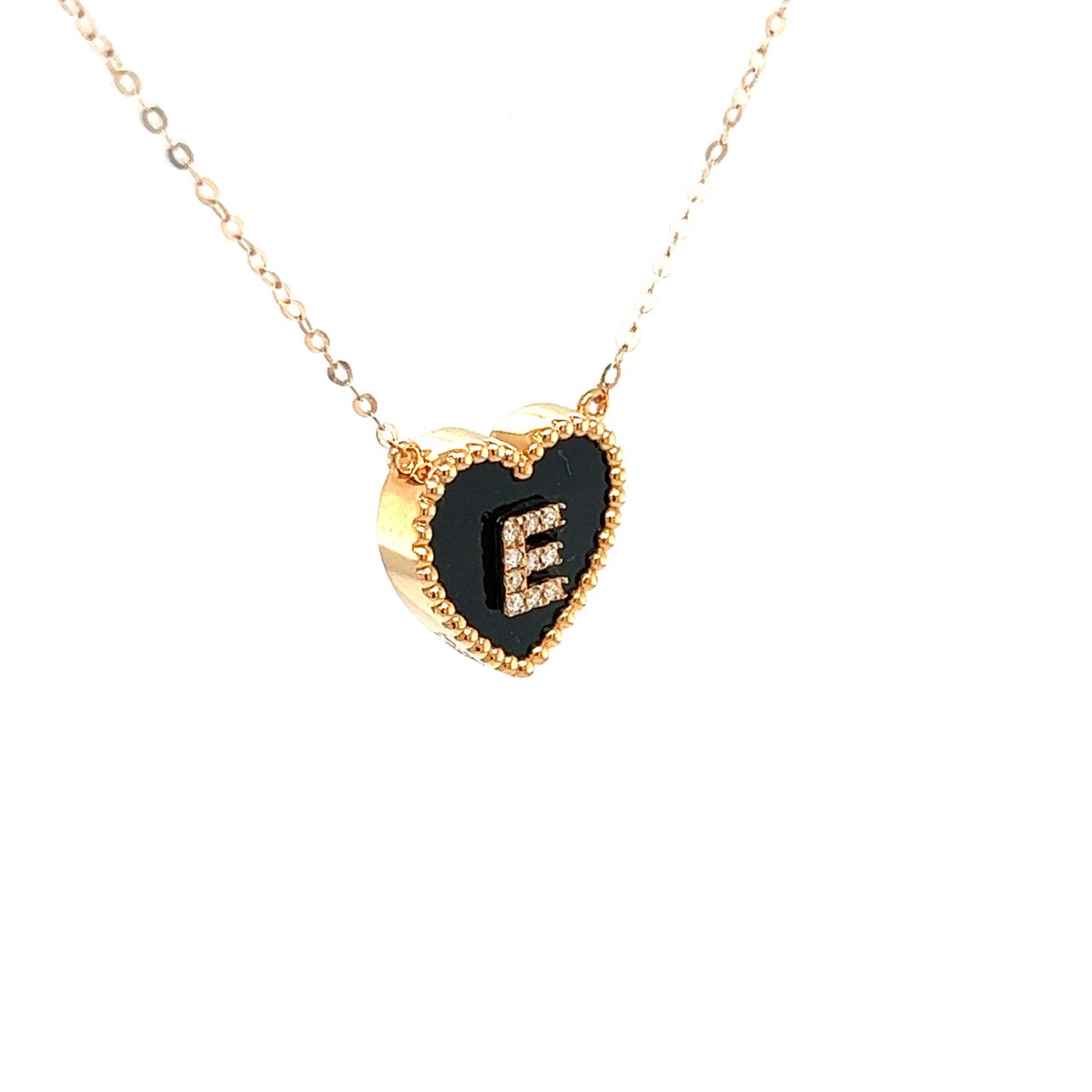 18K Rose Gold Heart Onyx Base Alphabet E Diamond Necklace