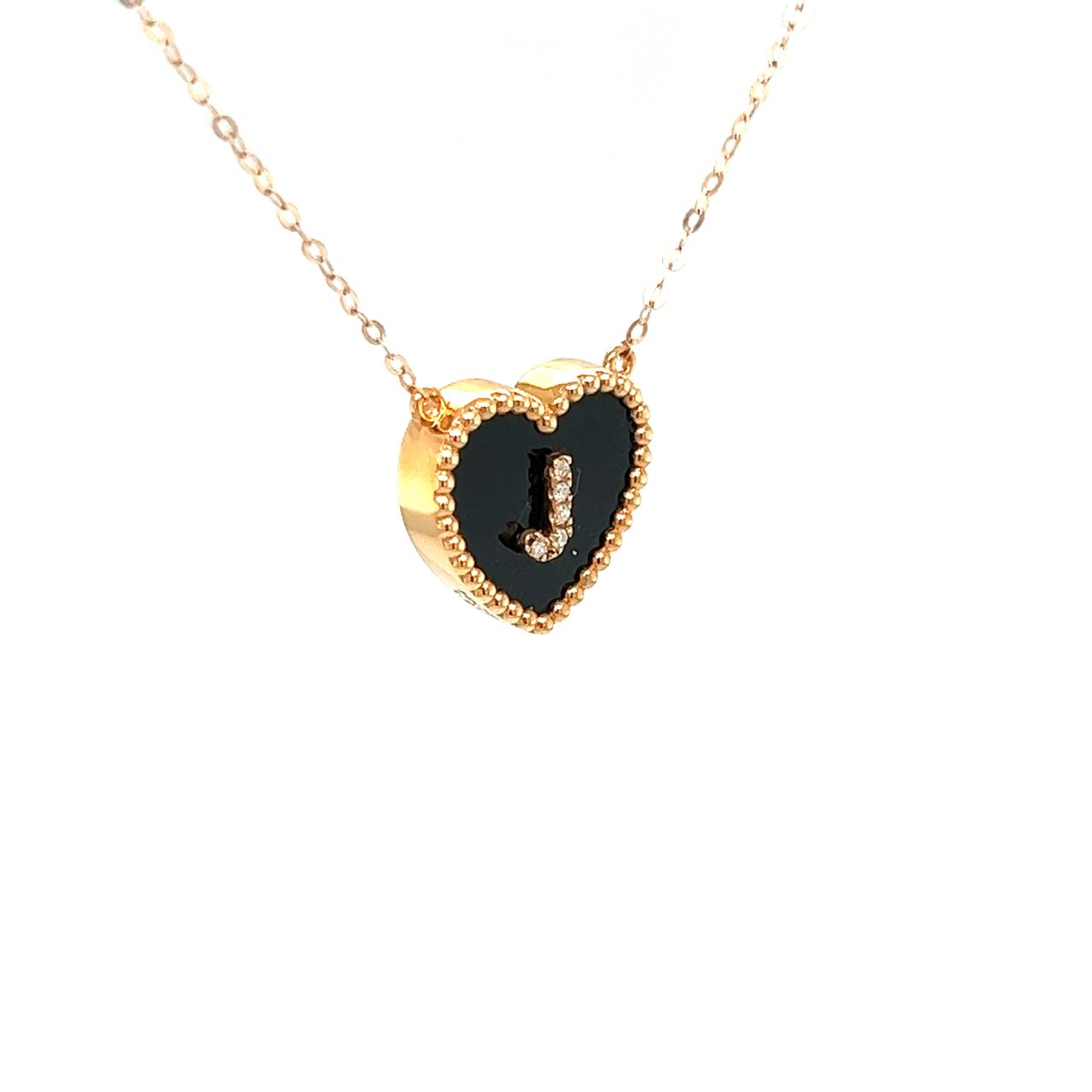 18K Rose Gold Heart Onyx Base Alphabet J Diamond Necklace