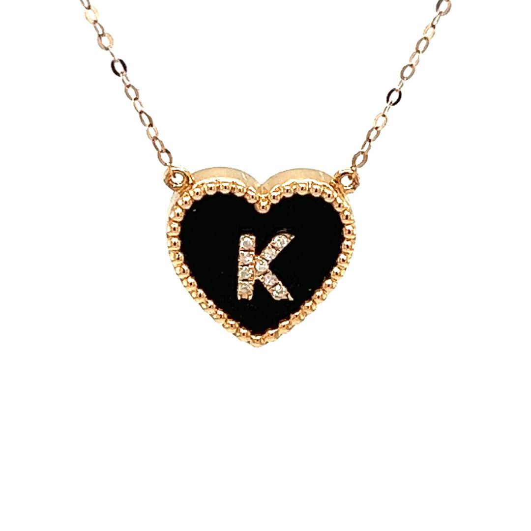 18K Rose Gold Heart Onyx Base Alphabet K Diamond Necklace