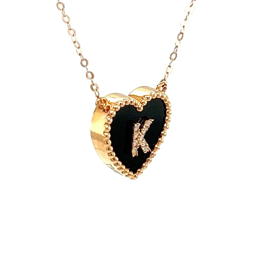 18K Rose Gold Heart Onyx Base Alphabet K Diamond Necklace