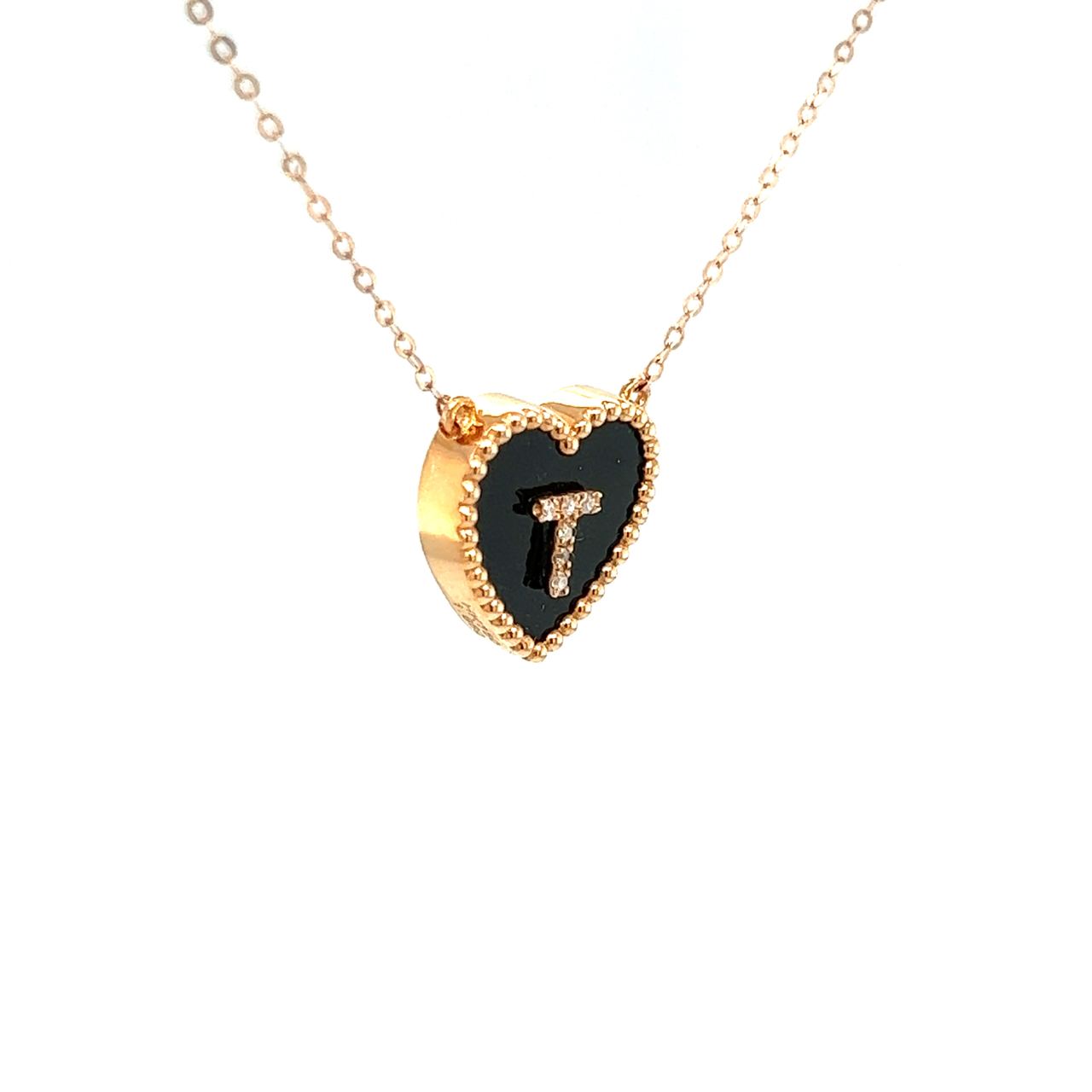 18K Rose Gold Heart Onyx Base Alphabet T Diamond Necklace