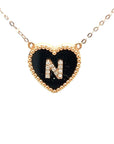 18K Rose Gold Heart Onyx Base Alphabet N Diamond Necklace