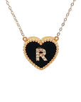 18K Rose Gold Heart Onyx Base Alphabet R Diamond Necklace