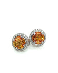 18K White Gold Pie Cut Orange Sapphire Halo Round Diamond Earrings