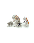 18K White Gold Pie Cut Orange Sapphire Halo Round Diamond Earrings