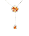 18K White Gold Pie Cut Round Orange Sapphire Halo Diamond Necklace