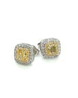 18K White Gold Yellow Diamond Cushion Double Halo Diamond Earrings
