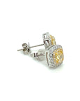 18K White Gold Yellow Diamond Cushion Double Halo Diamond Earrings