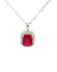 18K White Gold Ruby Emerald Shape Frame Pave Diamond Necklace